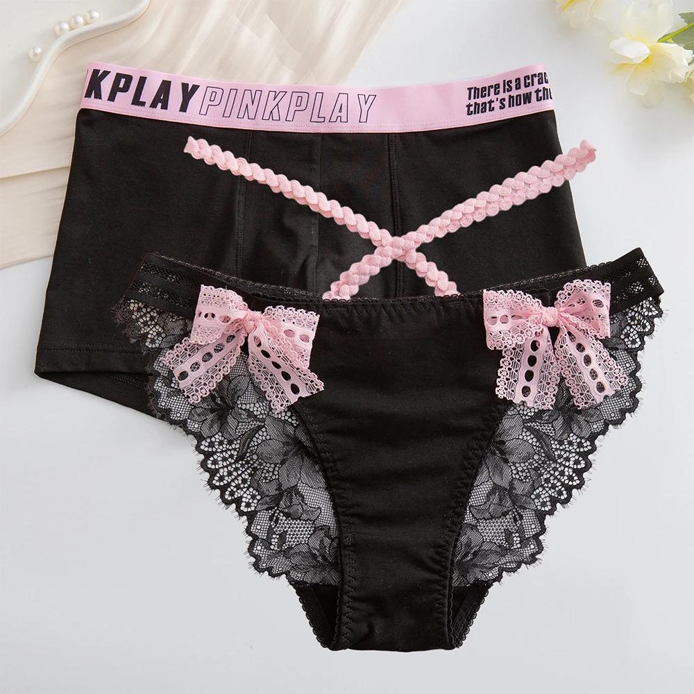 Mignon Couple culottes sous-vêtements nœud papillon Couple sous-vêtements hommes boxeurs femmes slip