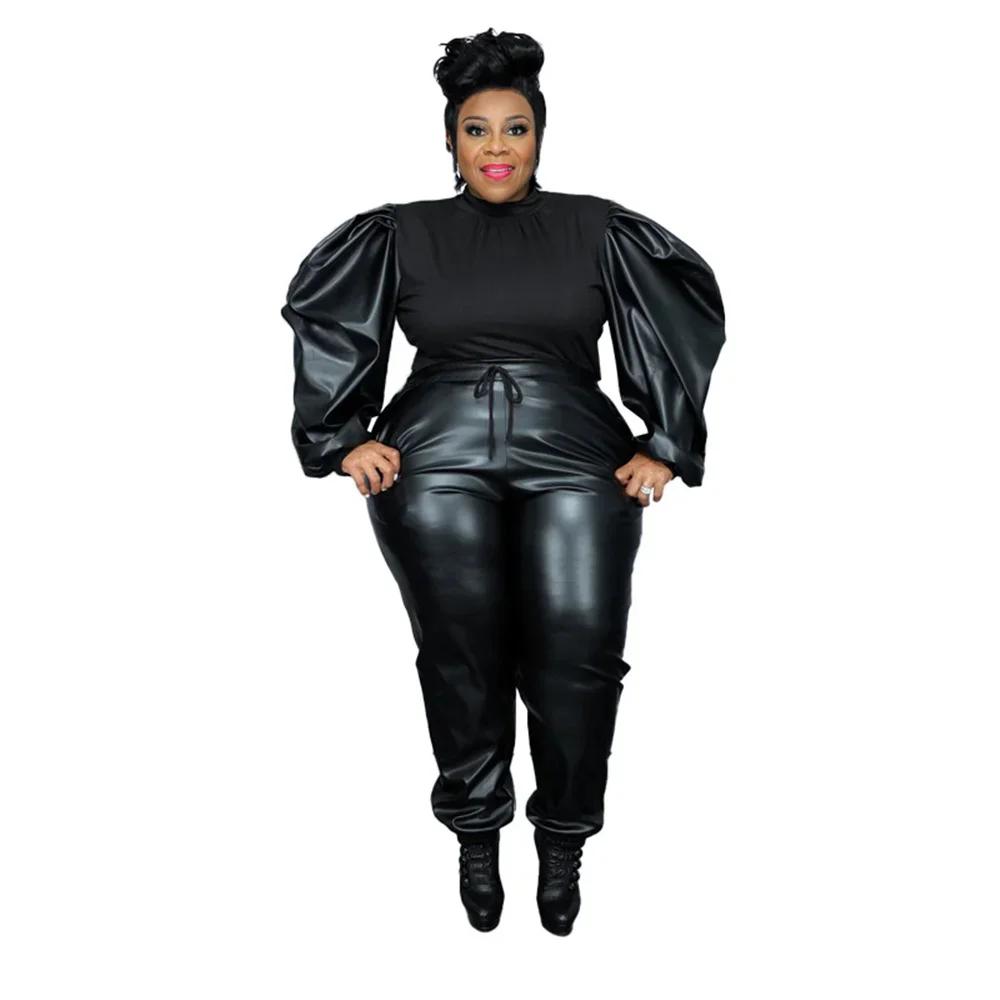 Vêtements en PU pour femmes, ensembles deux pièces grande taille, tenues à manches bouffantes, patch