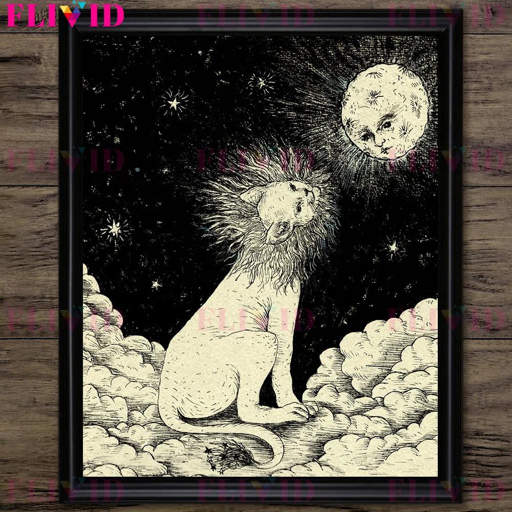 Le soleil Lion chastant la lune, art mural abstrait, lune baignée dans une mer d'étoiles, dessin au 