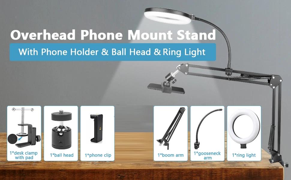 Support de téléphone aérien avec anneau lumineux, bras articulé flexible, caméra de haut en bas, 6 p