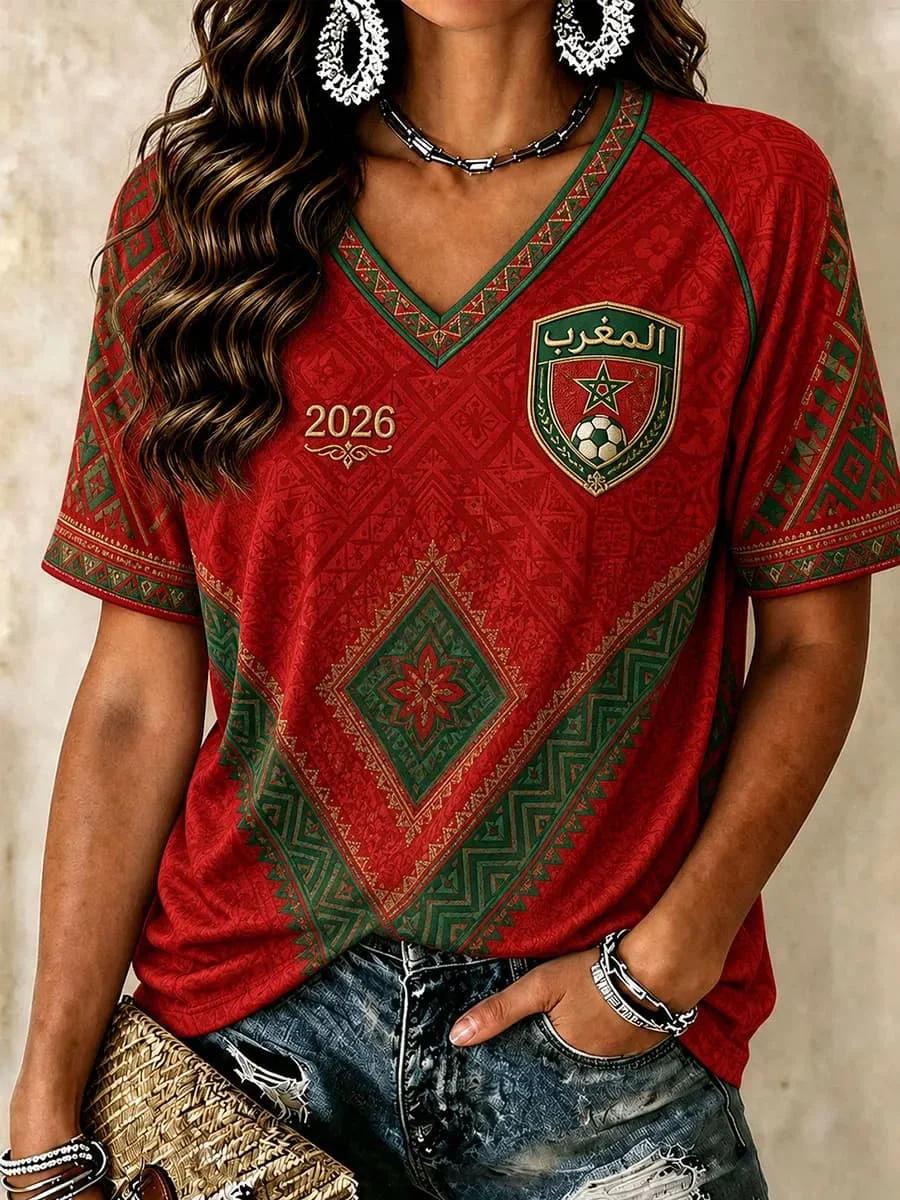 Nouveau T-shirt de l'équipe nationale du Maroc 2026 pour femme, col en V, vêtement de sport avec écu