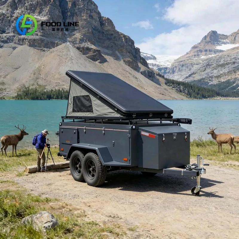 Roulotte de camping tout-terrain personnalisée avec tente de toit et boîte à outils de rangement pou