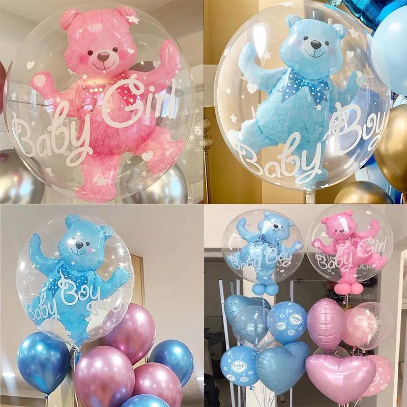 Ballons ours Bobo transparent 24 pouces bleu rose - Décoration fête enfant révélation genre