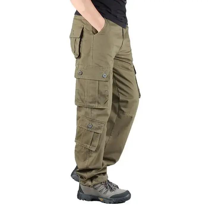 Pantalon cargo homme été printemps automne - Coupe droite ample en coton pur - Multi-poches casual décontracté