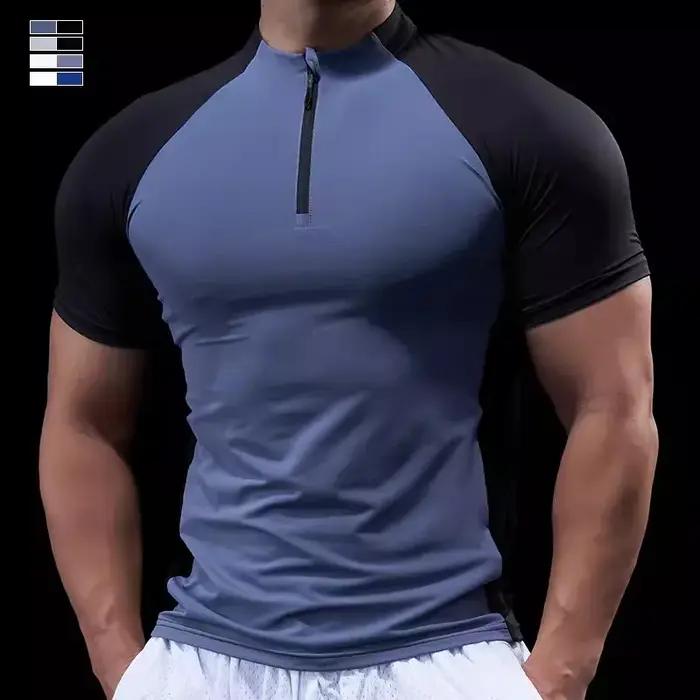 Hommes Compression course fermeture éclair polo t-shirt Fitness serré Sport