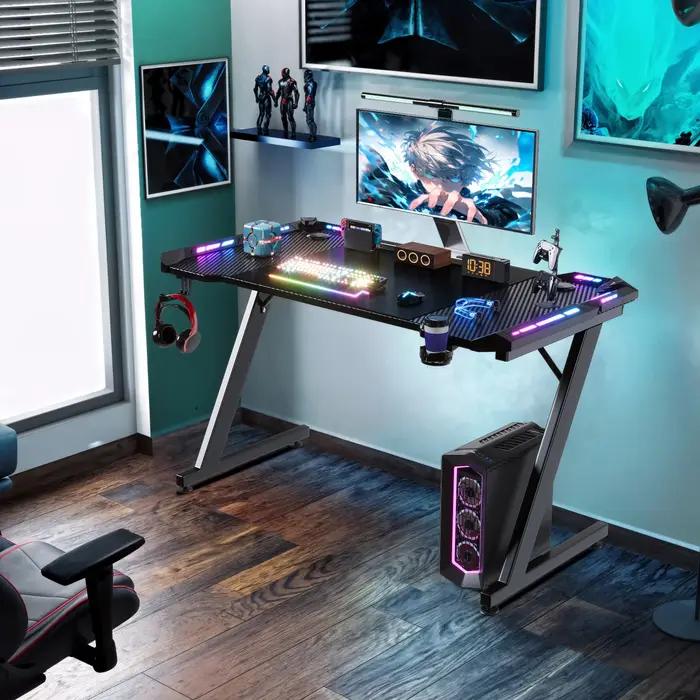 Bureau gamer LED 120x60 cm avec support Z - Table PC ergonomique porte-gobelet pour setup gaming et travail