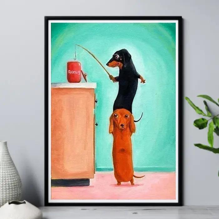 Affiche d'art murale amusante de chien Teckel (Sauvageau) - Impression sur toile pour salon