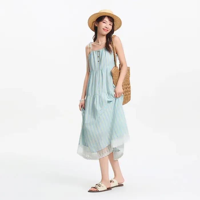 Camisole Semir Texturée Robe Rayée Femme Douce 2025 Été Nouveau Style Vacances Dentelle Sans Bretelles Occasions Spéciales