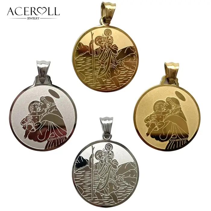 ACEROLL Pendentif catholique en acier inoxydable Médaille Saint Antoine et Saint Christophe