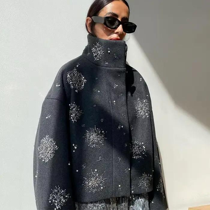 Manteau chic luxueux à perles pour femmes, vêtements d'extérieur en laine, vestes à manches longues,