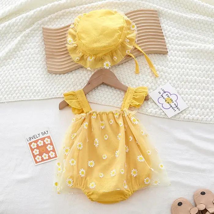 Vêtements d'été pour bébés filles, combinaison + chapeau, manches volantes, impression en coton, mai