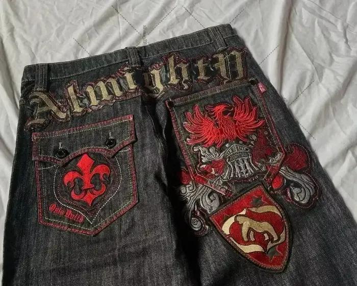 Jean brodé avec lettres patchwork américaines pour hommes, style gothique Harajuku, jambes larges, p