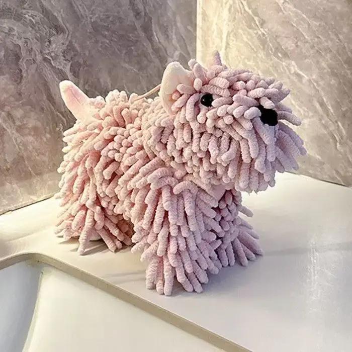 Serviette à main en chenille en forme de chien de dessin animé mignon, serviette absorbante suspendue pour la cuisine et la salle de bain