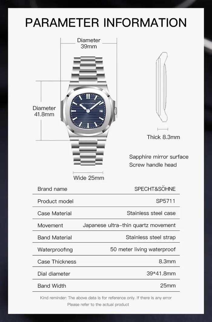 Montre de luxe Specht & Söhne 39MM quartz homme slim cristal saphir étanche 50M montre classique 5711