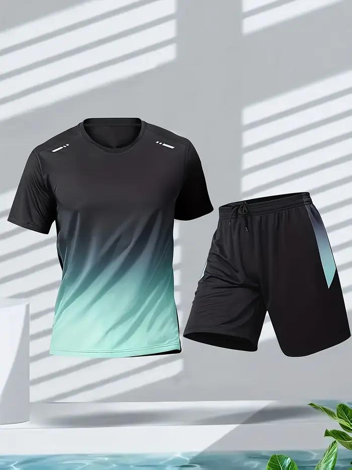 Vêtements de sport pour hommes, manches courtes et shorts en soie glacée, vêtements de course, T-shirt dégradé de tennis de table et de badminton pour hommes