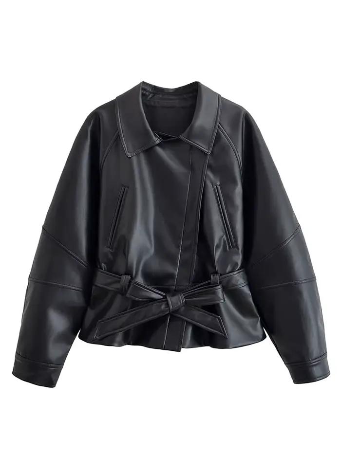 HH femmes Vintage moto veste avec ceinture Faux cuir Trench manteau à manches longues revers veste à