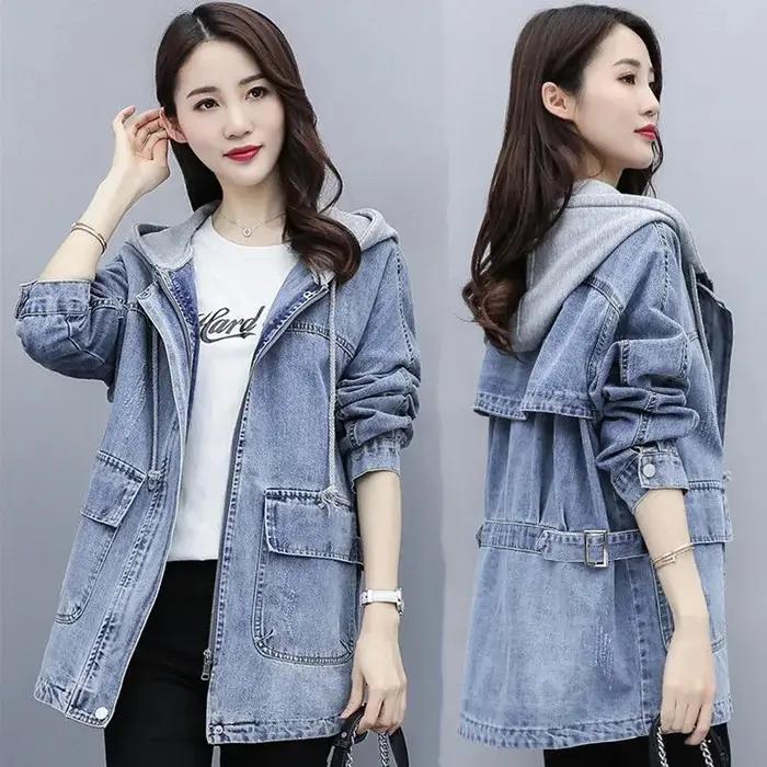 Veste en jean à capuche mi-longue pour femme style coréen printemps automne occassions spéciales femme confortable élégante