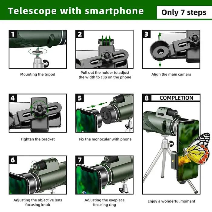 Monoculaire Puissant 80x100 HD Zoom Portable avec Trépied et Support Téléphone pour Chasse Camping Longue Portée