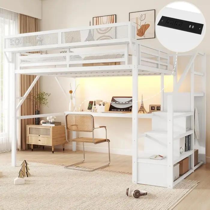 Lit mezzanine en métal robuste taille Queen avec 5 rangements, bureau et escalier
