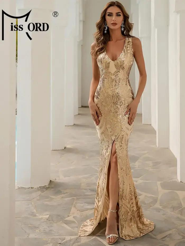Missord-Robe de Soirée Longue Dorée pour Femme, Tenue Élégante, Col en V, Fente sur le Devant, Paill
