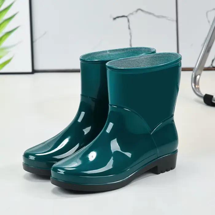 Bottes de pluie mi-mollet pour femmes, imperméables, antidérapantes, chaussures de sécurité de travail, résistantes aux acides, en PVC, confortables, talon épais, extérieur