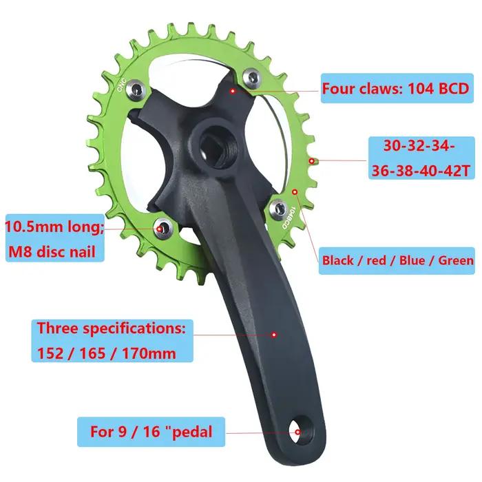 Pignon de vélo à trou carré 104BCD, bras de manivelle 152mm/165mm/170mm 32/34/36/38/40/42T, roue à c