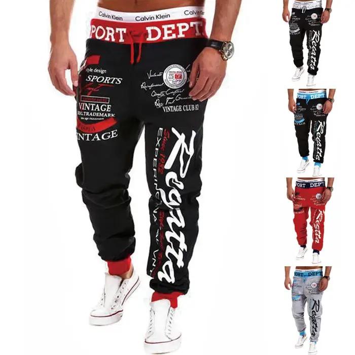 Sweatpants homme joggers élastique imprimé lettrage sport décontracté hip hop gris-bleu noir