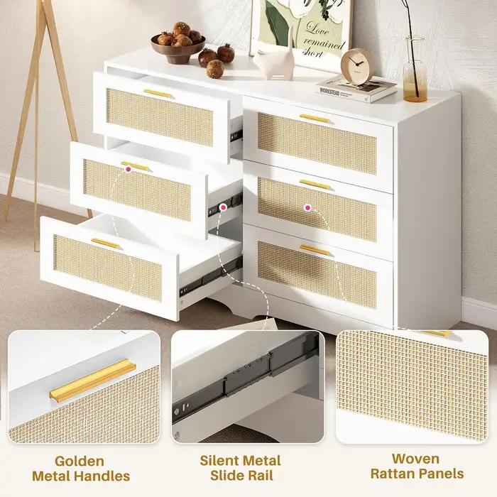 REDLIFE-Commode en rotin 47.24 "avec 6 portes, commode moderne, rangement en bois avec Golden Foy po