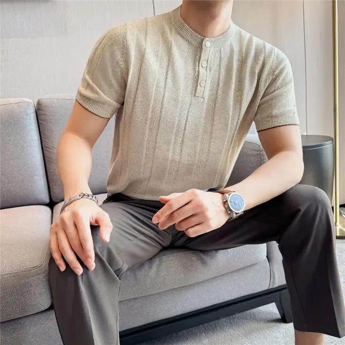 T-shirt d'été en mélange de lin à col Henley pour homme