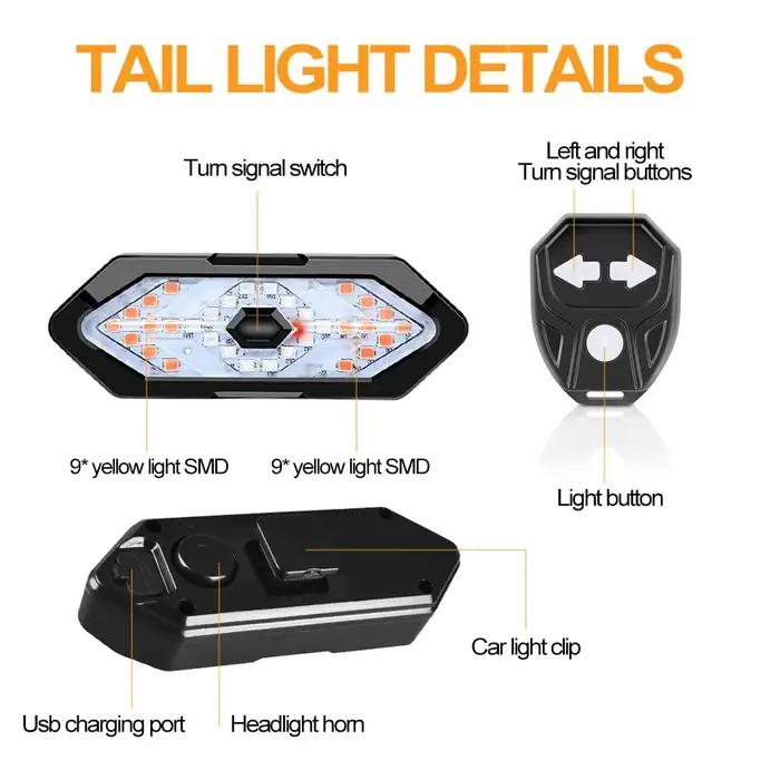 Vélo Clignotant Feu arrière Feux de vélo à distance LED USB Rechargeable Lampe de vélo Sans fil Aver
