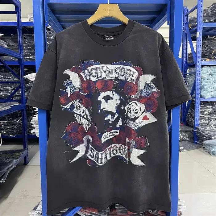 Saint jésus veilleuse Destruction en détresse imprimé à manches courtes T-shirt hommes femmes T petit haut t-shirts