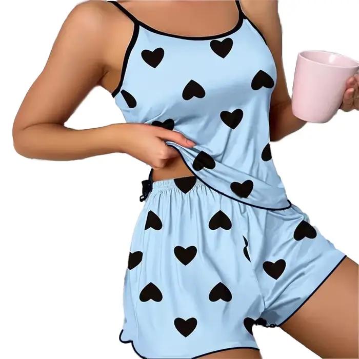 Ensemble pyjama pour femmes, T-Shirts et shorts, T-Shirt rose imprimé en forme de cœur, col rond, haut en soie glacée, confortable et décontracté, été 