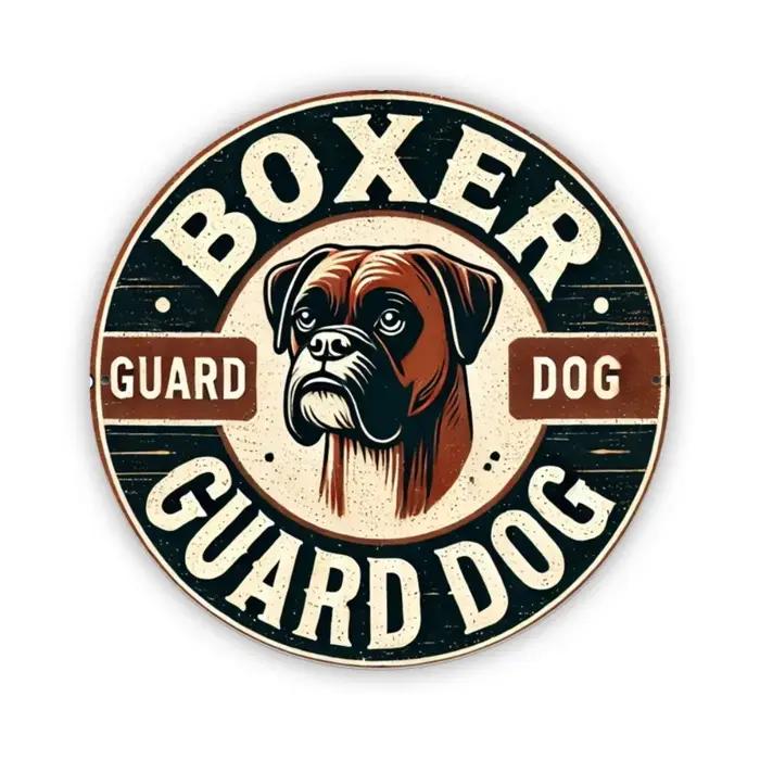 Panneau métallique «Boxer Guard Dog » vintage – décor rustique plat 2D | Avec des Branches de Pin et des Baies