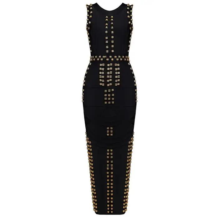 Style classique femmes sans manches col rond Sexy moulante pansement longue robe célébrité mode tapi