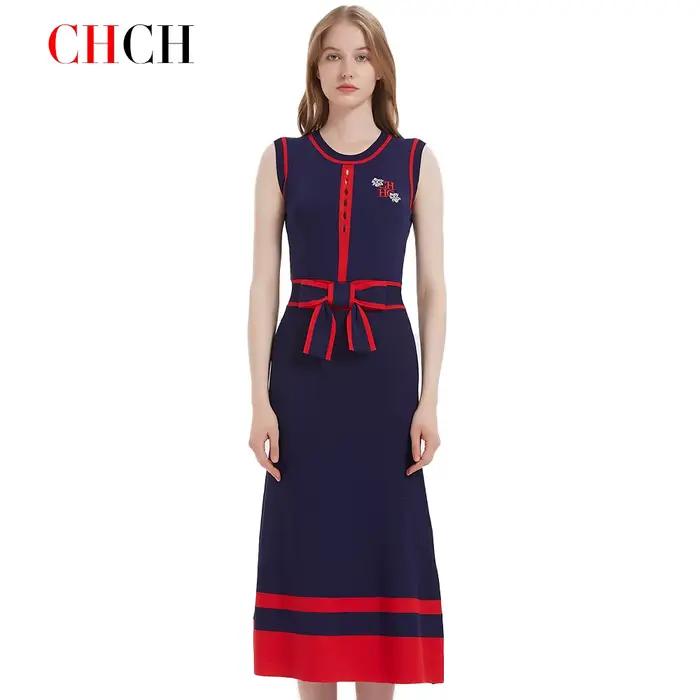 CHCH – robe longue tricotée sans manches pour femmes, tenue d'affaires Simple, bleu marine, nouvelle