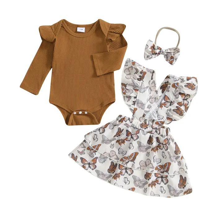 Barboteuse à manches longues et jupe à volants pour bébé fille, ensembles de vêtements d'automne 3 pièces, bande de sauna, tenues pour nourrissons