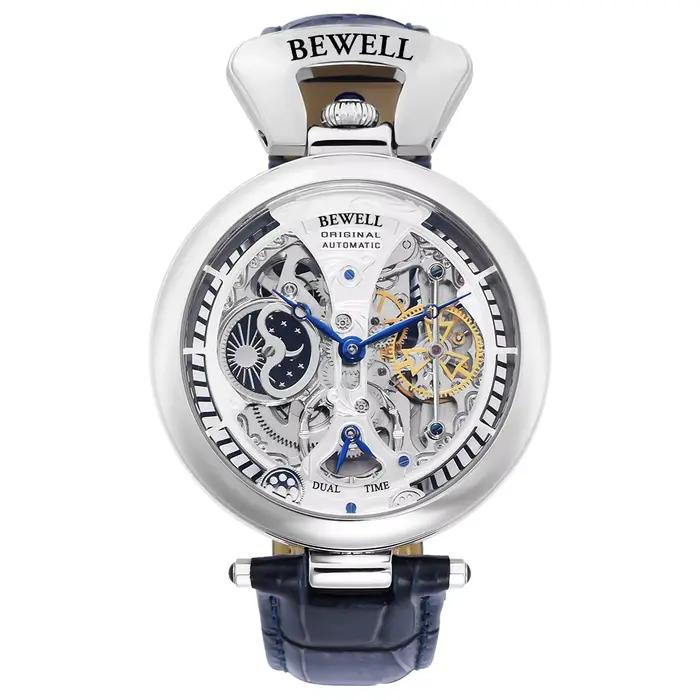 Montre automatique mécanique étanche haut de gamme bracelet cuir véritable fond transparent acier inoxydable