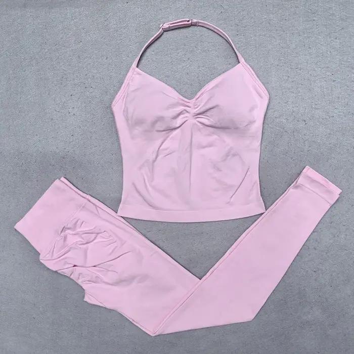 Ensemble de yoga sans couture pour femmes, 2 pièces, débardeur rembourré, col licou, froissé, levage des fesses, legging, pour yoga, fitness, danse, et plus