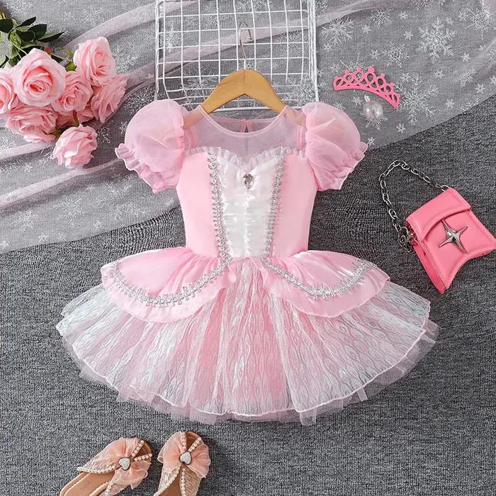 Robe Tutu de Ballet rose pour filles, uniforme d'entraînement en dentelle et Tulle mignon, Costume d