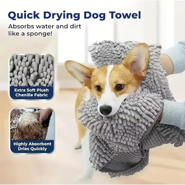 Serviette de bain en chenille pour chiens et chats avec poches pour les mains ultra-absorbante pour bains quotidiens et promenades sous la pluie