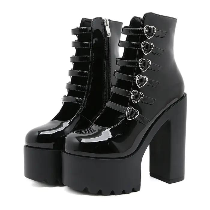 Gdgydh escarpins à talons bloc pour femmes mode multi boucle sangle coeur conception robe Cosplay chaussures côté fermet