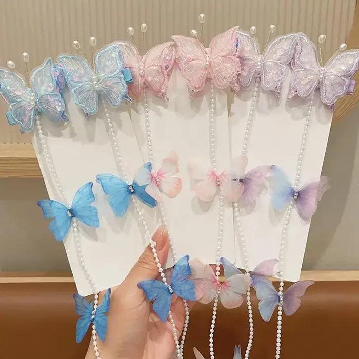 Pince à cheveux féerique en perles et papillons, 2 pièces/ensemble, princesse fille, pompon tressé,