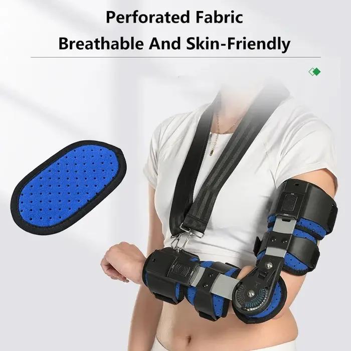 Attelle de coude ROM réglable en matériau composite bleu pour soutien du bras après opération ou blessure occasions spéciales récupération rapide et confortable