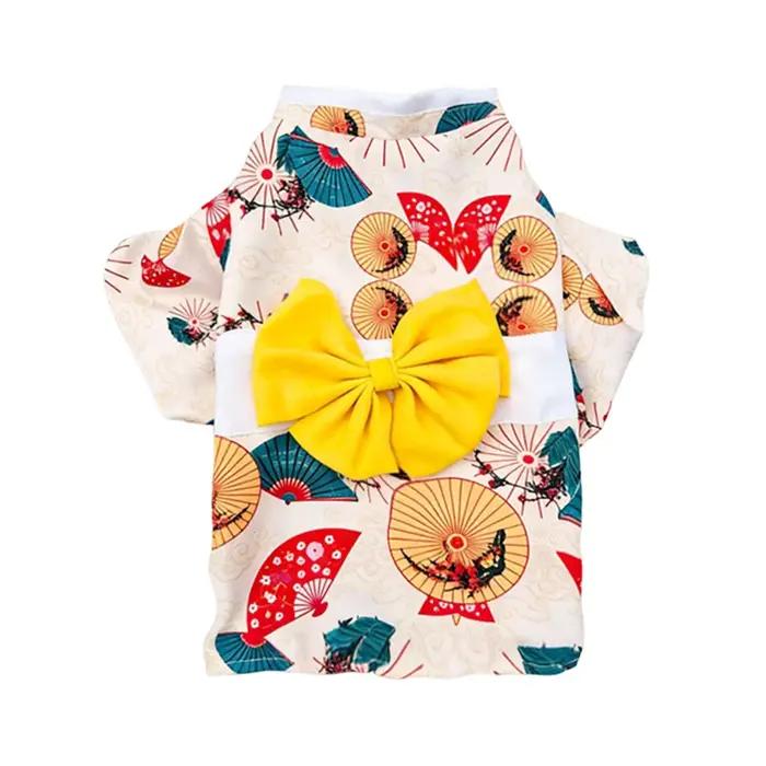 Kimono japonais pour animaux de compagnie avec imprimé éventail et nœud