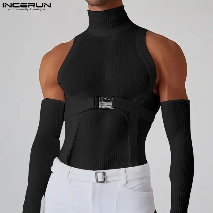 INCERUN hommes t-shirts Patchwork col roulé épaules dénudées à manches longues décontracté hommes vêtements Streetwear 2025 maigre Camisetas Sexy