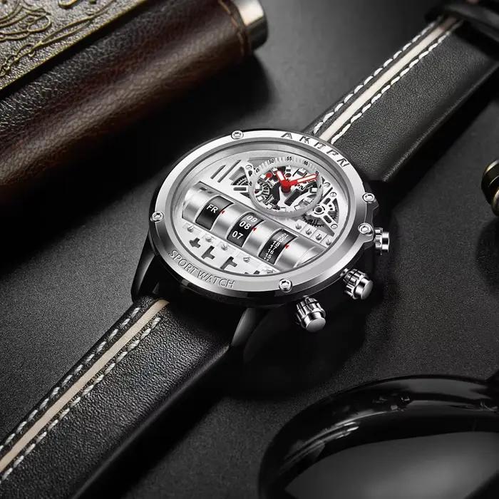 Montre homme quartz luxe cuir - Montre d'affaires créative avec date rotative pour homme