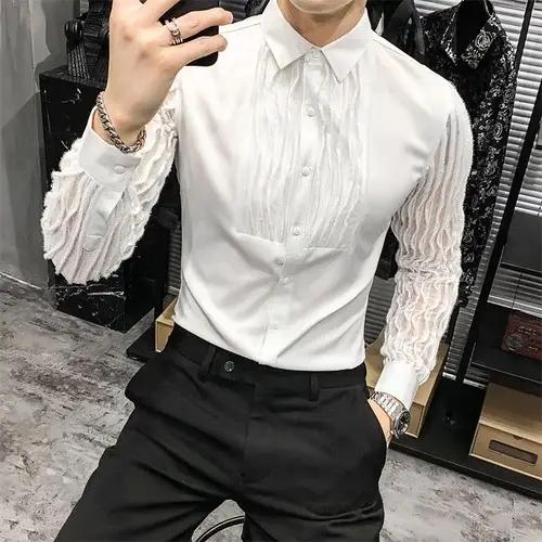 Chemises ajourées en dentelle pour hommes, manches longues, coupe Slim, Streetwear, fête sociale, Bl