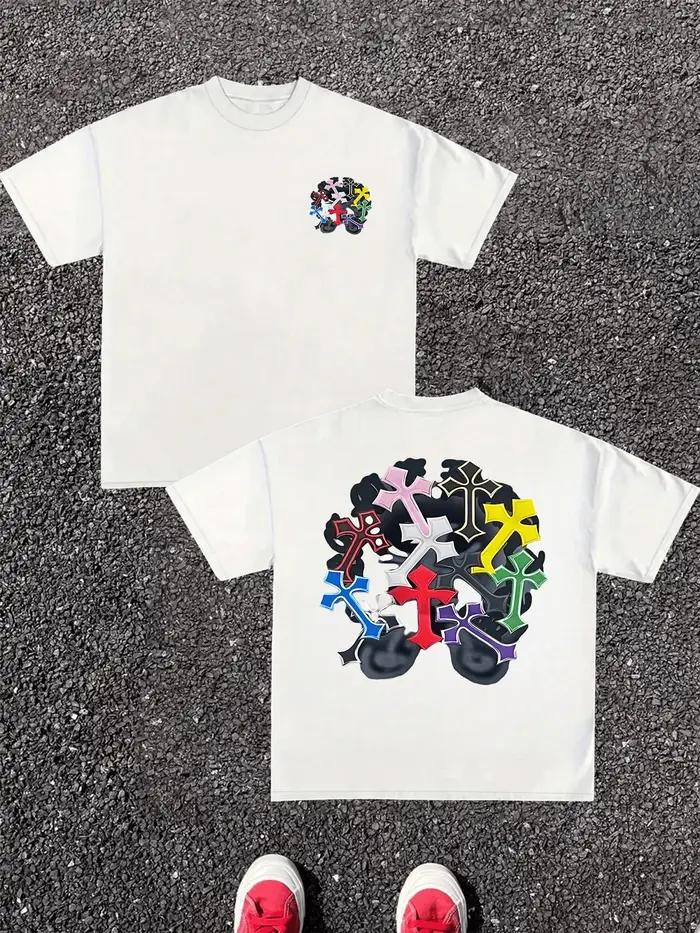 T-shirt pour homme en pur coton, impression numérique double face avec croix colorées, graphique uni