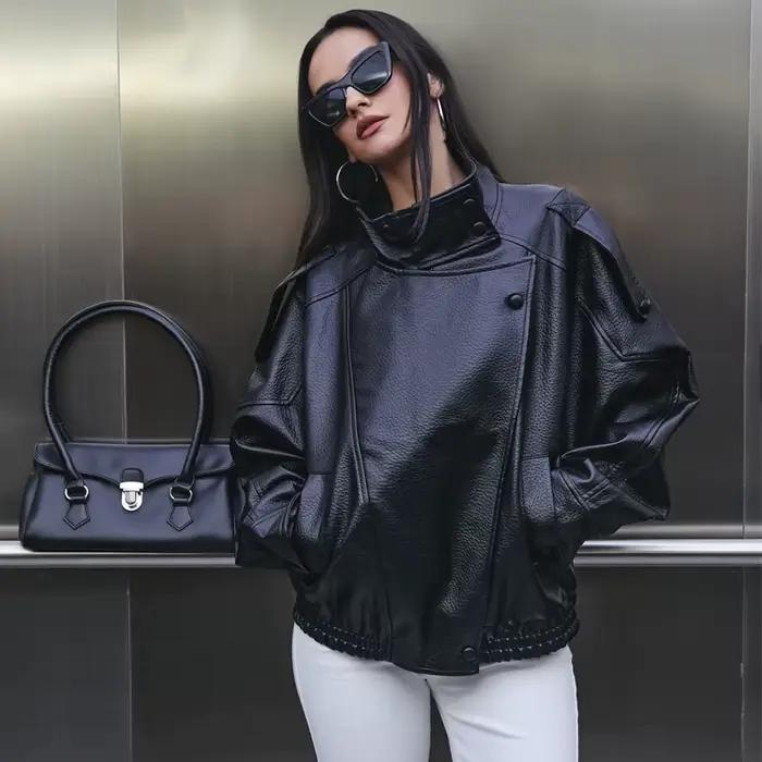 MUJER Faux cuir femme veste noir surdimensionné Bomber vestes pour femmes vêtements d'extérieur hive