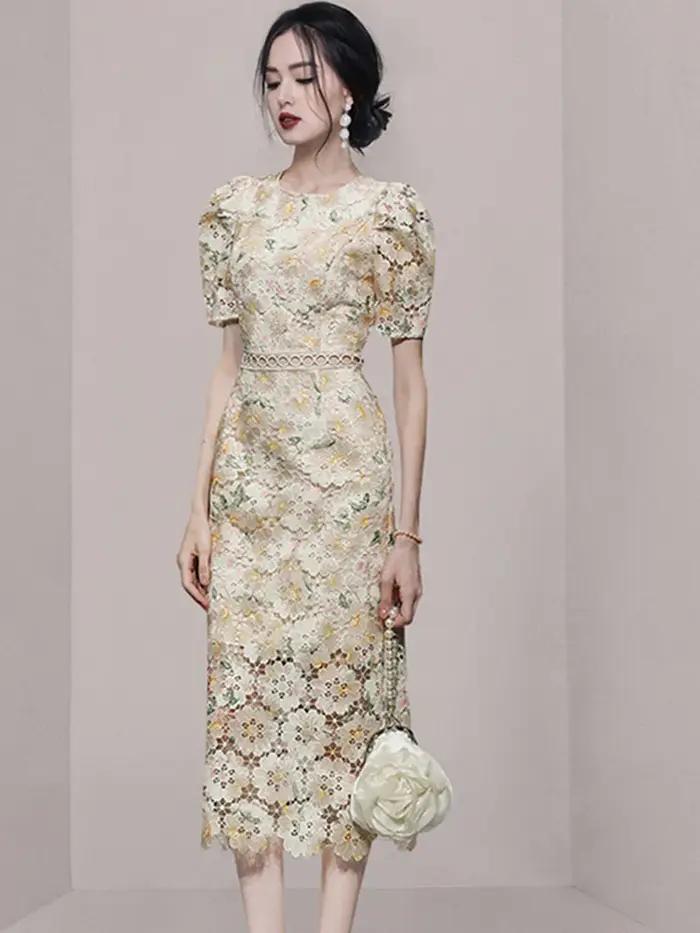 SMTHMA-Robe ajourée en dentelle brodée pour femme, manches courtes, vêtements féminins élégants, nou